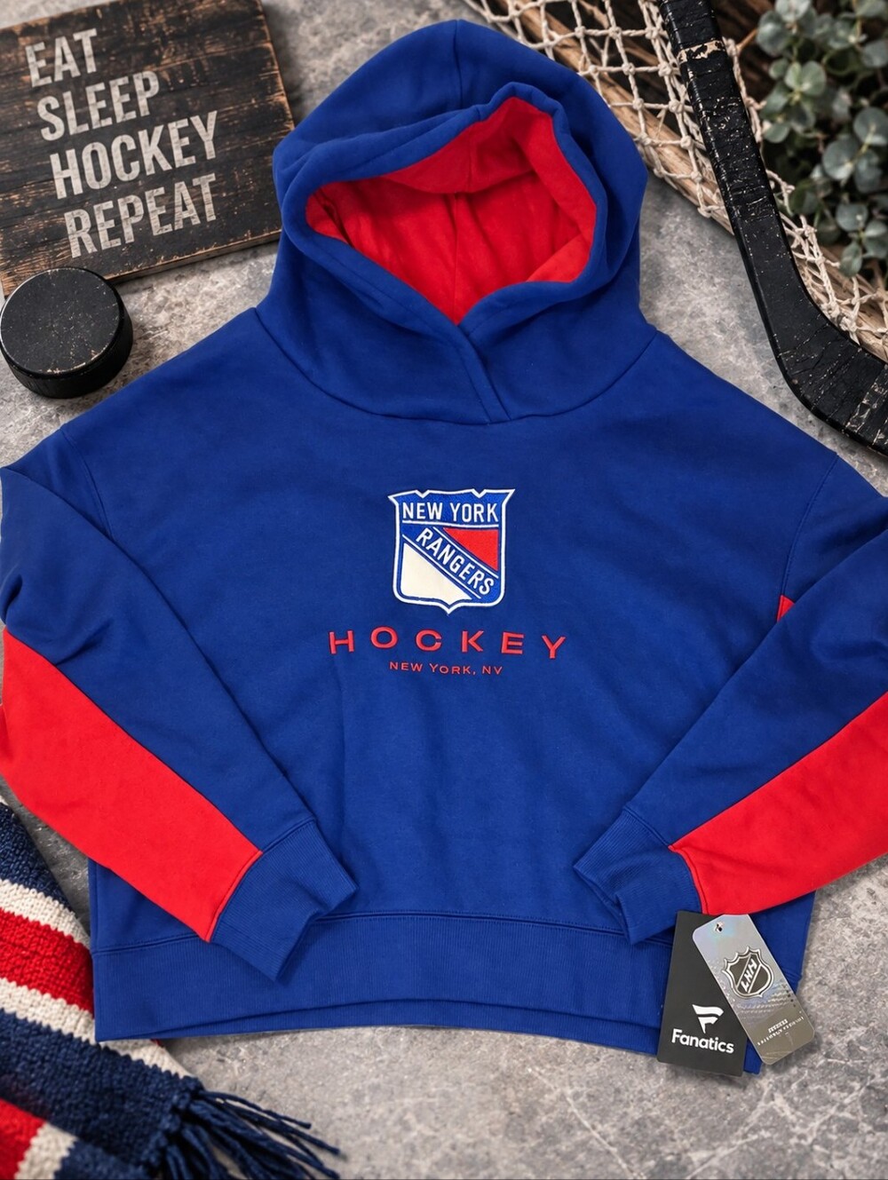 NWT Fanatics New York Rangers NHL Colorblock Hoodie Sweatshirt Blue Red M